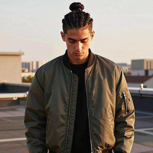 Photograph of a young man with dark skin, black hair in a top knot, wearing a green bomber jacket, looking down, standing on a rooftop