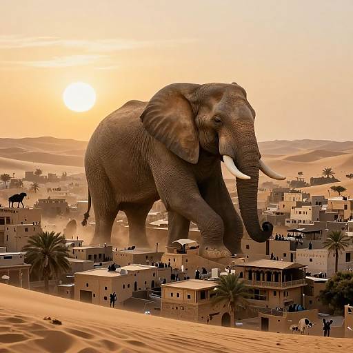 Photograph of a giant elephant standing amidst a desert village at sunset, with sand dunes, palm trees, and small, beige buildings in the background