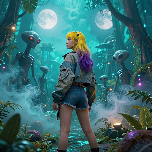 Digital art of a blonde-haired woman with purple tips, denim shorts, and jacket, facing alien creatures in a glowing, misty forest under moonlight