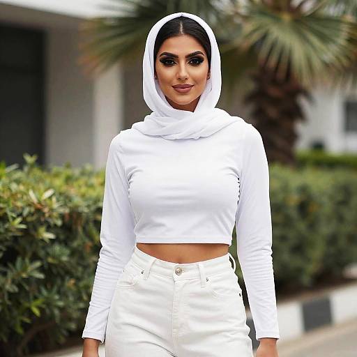 Photograph of a confident woman with dark hair, wearing a white hijab, long-sleeve crop top, and high-waisted pants,