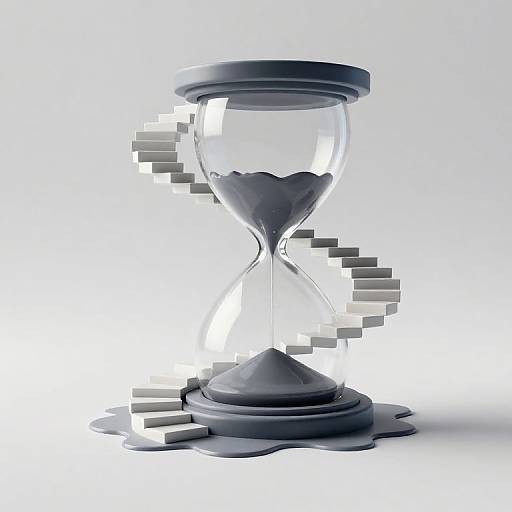 Digital illustration of a transparent hourglass with black gears spiraling around it, creating a sense of movement and time.
