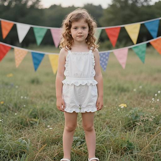 Young Girl in White Romper with Colorful Bunting