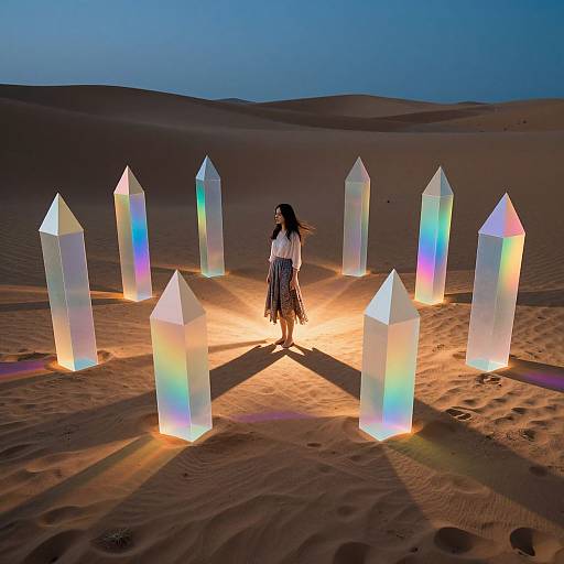 Photograph of a woman in a white blouse and black skirt standing in a desert at dusk, surrounded by glowing, prism-shaped crystal sculptures.