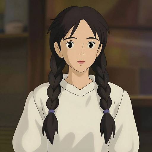 Digital anime-style drawing of a young girl with black braided hair, wearing a white V-neck shirt, standing against a blurred indoor background.