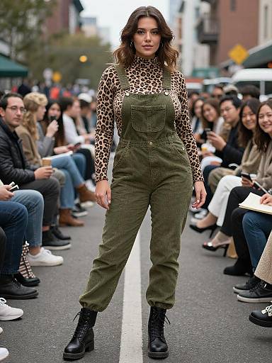 Photograph of a confident woman with wavy brown hair, wearing a leopard print top and olive green overalls, black boots, walking down a city