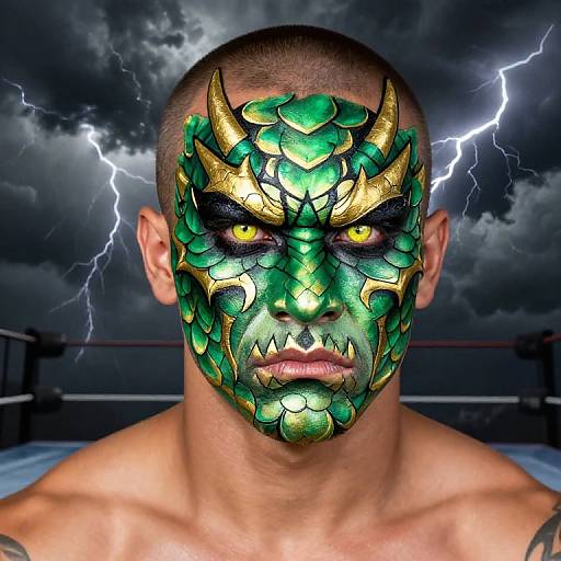 Photograph of a bald, muscular man with green and gold dragon face paint, yellow eyes, and lightning-filled stormy sky background.