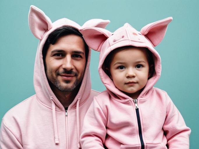 Father and Child in Pink Piglet Hoodies