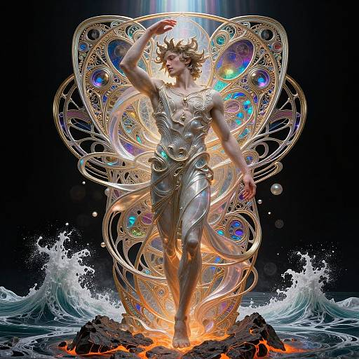 Digital artwork of a silver-armored, winged goddess with curly hair, standing on a rocky island, surrounded by swirling, iridescent wings and