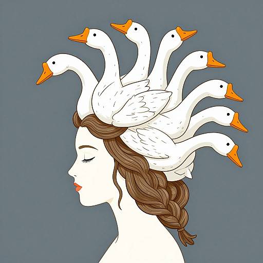 Digital illustration of a white woman with closed eyes, red lips, and braided brown hair, wearing six white geese with orange beaks as a