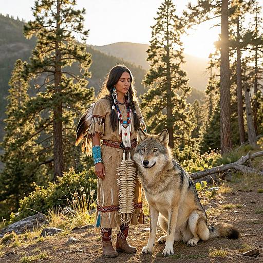 Photograph of Native American woman in traditional dress with long black hair, standing beside a large, alert wolf in a sunlit forest.