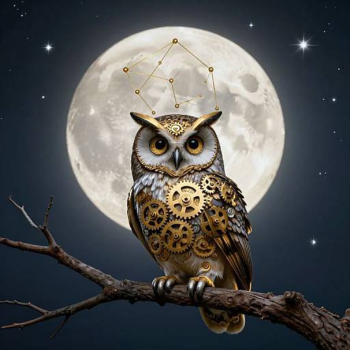 Digital artwork of a mechanical owl with gold gears and patterns, perched on a branch, against a bright full moon and starry night sky.