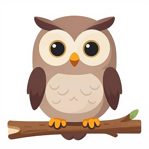 Cute digital cartoon owl with large black eyes, brown and beige feathers, orange beak and feet, perched on a brown branch.