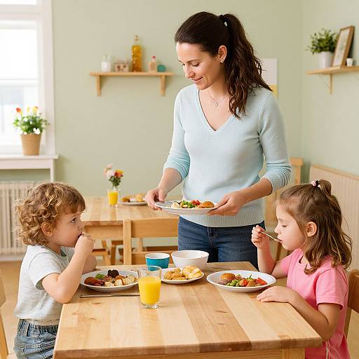 Photograph of a smiling brunette woman in a light blue sweater serving dinner to two young children with colorful plates and orange juice in a bright, cozy kitchen