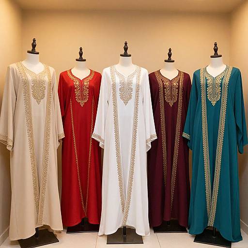 Photograph of five traditional, ornately embroidered dresses in white, red, white, maroon, and turquoise, displayed on black mannequins