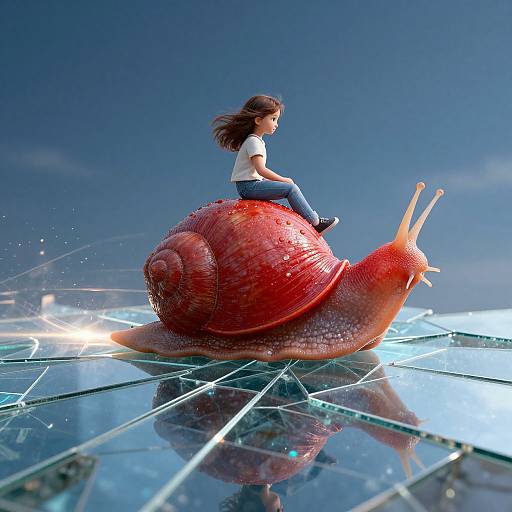 Digital art: A young woman with brown hair sits on a giant red snail with raised antennae, on a reflective glass surface under a clear blue
