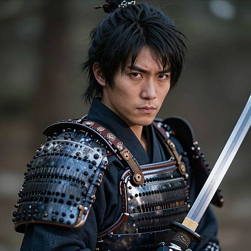 Photograph of a serious Japanese samurai with black hair, wearing shiny, ornate armor and holding a katana, set against a blurred forest background
