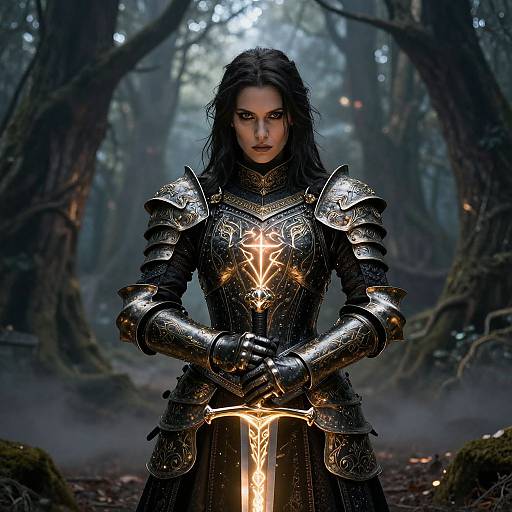 Digital art: Dark-haired woman in ornate black armor with glowing sword, standing in misty, shadowy forest, intense expression, medieval fantasy style