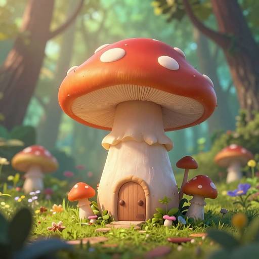 Digital art of a whimsical forest with a giant red-and-white-spotted mushroom house, featuring a tiny wooden door, surrounded by smaller mushrooms and colorful
