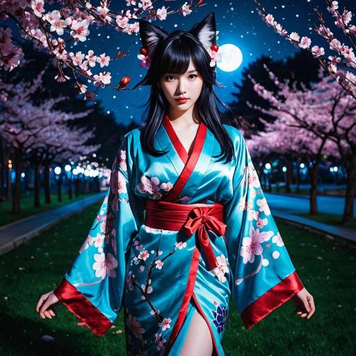 Ahri Cosplay in Cherry Blossom Park at Night