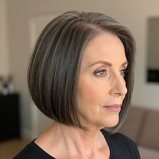 Photograph of a middle-aged woman with a sleek, straight, dark brown bob haircut, light skin, and subtle makeup, wearing a black top,