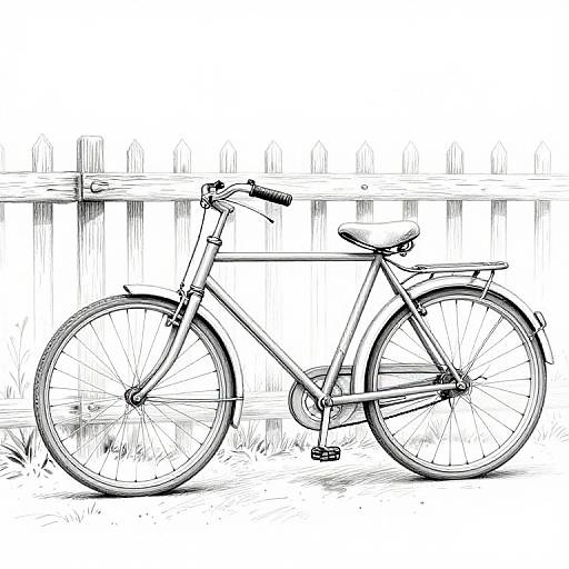 Black-and-white sketch of a vintage-style bicycle with a simple frame, saddle, and handlebars, standing against a wooden fence.