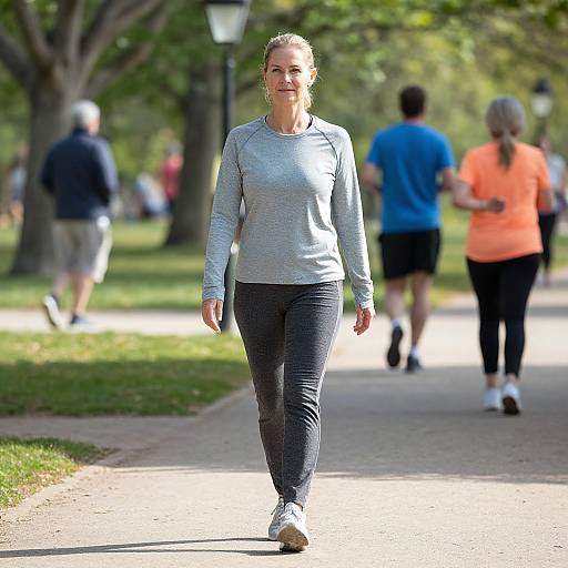 Photograph of a fit woman with light brown hair in a gray long-sleeve shirt and black pants, walking on a sunny park path with blurred