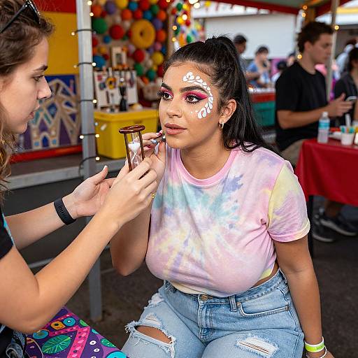 Photograph of a young woman with dark hair in a ponytail, wearing a tie-dye shirt and ripped jeans, having her face painted white at