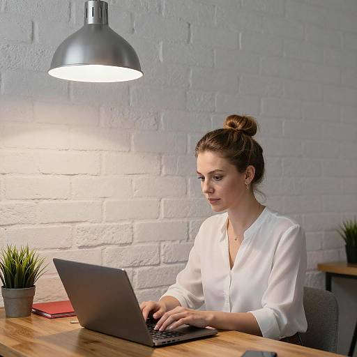 Photograph of a focused woman with brown hair in a bun, wearing a white blouse, typing on a laptop under a modern silver lamp, against a