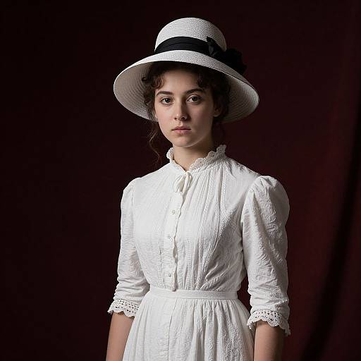Photograph of a young woman with fair skin, dark curly hair, wearing a white lace dress and white hat with black band, standing against a dark