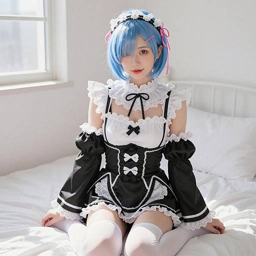 Blue-Haired Anime Maid on Bed
