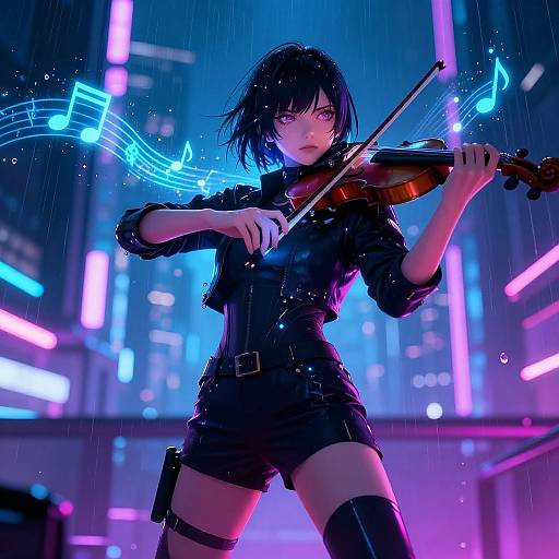 Digital anime artwork of a black-haired woman with purple eyes, playing violin in a neon-lit, rainy cityscape, with musical notes surrounding her.