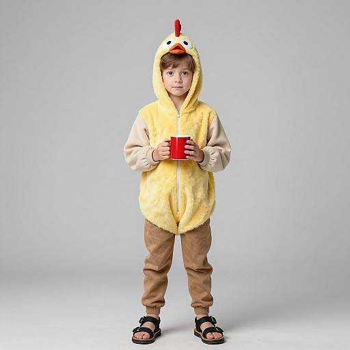 Boy in Yellow Chicken Costume Holding Red Cup