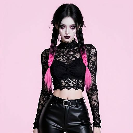 Gothic-style woman with white face, black lace crop top, long black leather pants, pink braided pigtails, dark lipstick, white