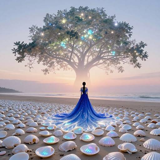 Digital artwork of a woman in a shimmering blue gown standing under a glowing, starlit tree on a shell-strewn beach at sunset.
