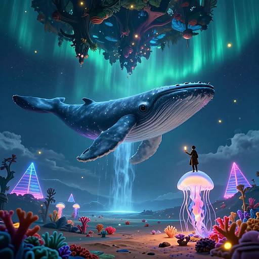 Digital art: A giant whale with glowing blue patterns flies above a neon-lit underwater forest, a silhouetted person stands on a glowing jelly