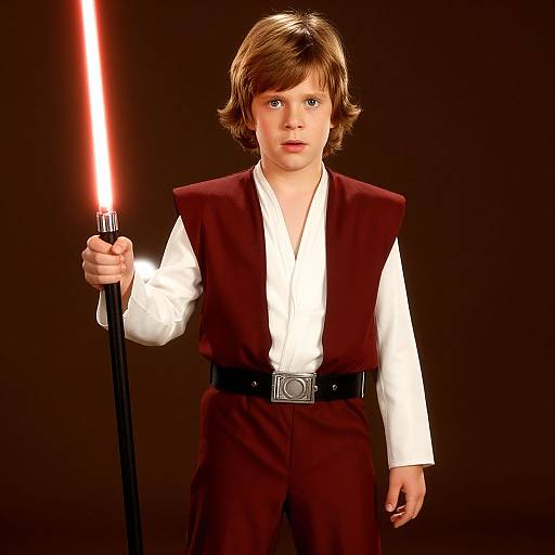 Photograph of a young boy with brown hair, wearing a white shirt and maroon vest, holding a glowing lightsaber against a dark background.