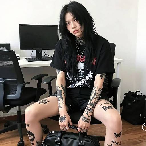 Photograph of a tattooed, pale-skinned woman with long black hair, wearing a black graphic t-shirt and shorts, sitting on an office chair