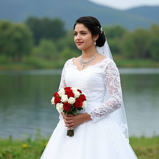 Photograph of a beautiful South Asian bride in a white lace wedding dress, holding a bouquet of red and white roses, standing by a serene lake with