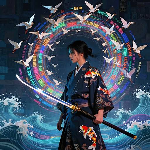 Neon Lacquered Samurai and Origami Metamorphosis