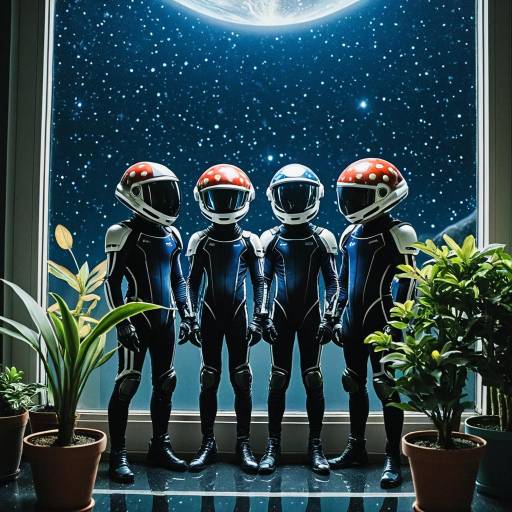 Group of Boys in Space Helmets by Window with Starry Sky