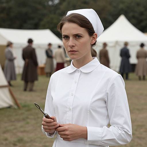 Photograph of a serious young woman with brown hair in a white nurse's uniform and cap, holding a pen, standing outdoors near white tents with blurred