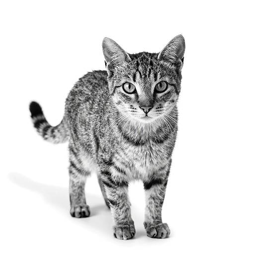 Greyscale Tabby Cat Standing on White Background
