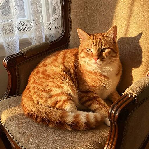 Photograph of a tabby cat with orange and white fur, lounging on a beige, tufted armchair, bathed in sunlight,