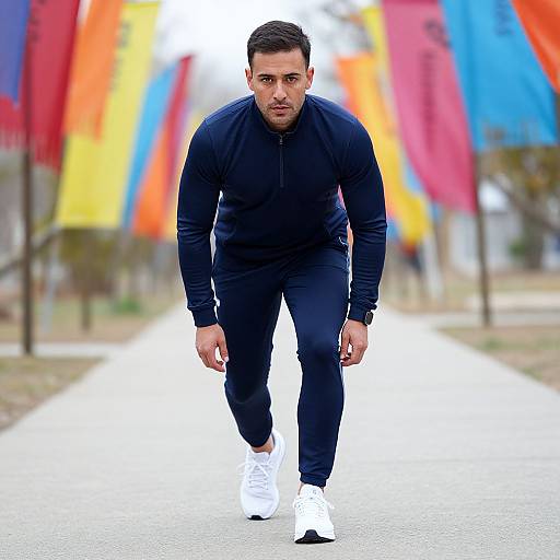Photograph of a focused, muscular man with short dark hair in a navy tracksuit and white sneakers, walking down a path lined with vibrant, colorful