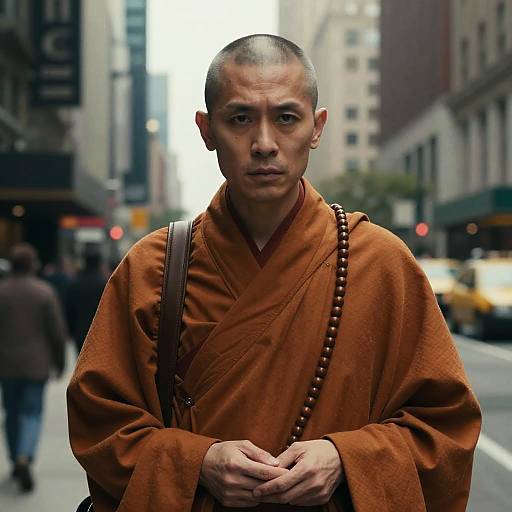 Photograph of a serious, bald Tibetan monk in an orange robe with bead strap, standing on a bustling urban street.