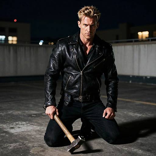 Intense Muscular Man on Rooftop at Night