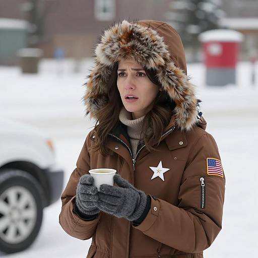Woman in Brown Winter Coat Holding Hot Drink in Snow