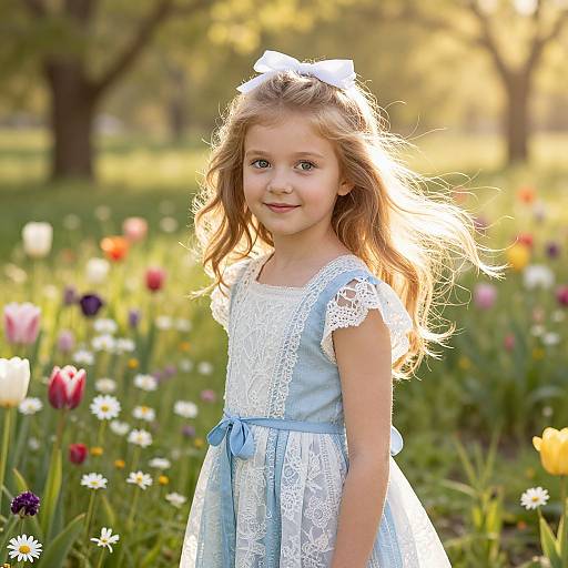 Young Girl in Lace Dress in Flower Meadow