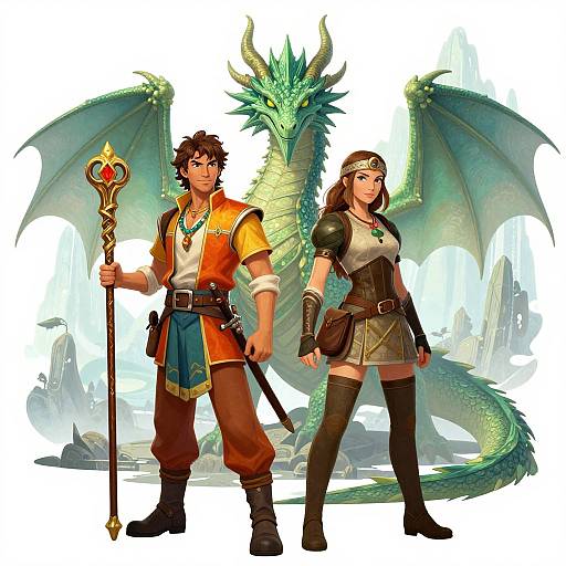 Digital illustration of a muscular man with curly brown hair holding a staff, and a woman with long brown hair, standing beside a green dragon. Both wear