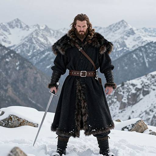 Bearded man in black fur-lined coat and belt stands in snowy mountains, holding a sword, with rugged peaks in background.